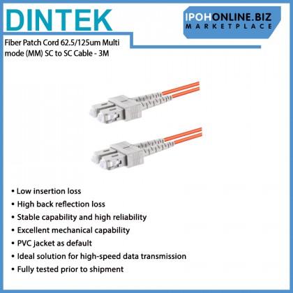 Dintek Fiber Patch Cord 62.5/125um Multi mode (MM) SC to SC 3Meter Cable Dintek Fiber Patch Cord 62.5/125um Multi mode (MM) SC to SC 3Meter Cable