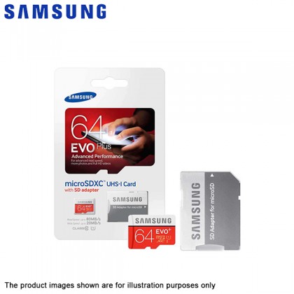 Samsung EVO Plus 64GB Class 10 Micro SDXC UHS-I Card 80MB/s R 20MB/s W Card MB-MC64DA/APC with SD Adapter Samsung EVO Plus 64GB Class 10 Micro SDXC UHS-I Card 80MB/s R 20MB/s W Card MB-MC64DA/APC with SD Adapter