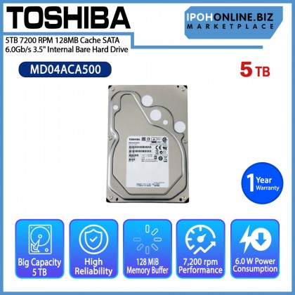 TOSHIBA MD04ACA500 5TB 7200 RPM 128MB Cache SATA 6.0Gb/s 3.5" Internal Bare Hard Drive TOSHIBA MD04ACA500 5TB 7200 RPM 128MB Cache SATA 6.0Gb/s 3.5" Internal Bare Hard Drive