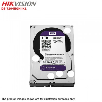 Hikvision Turbo HD 4 Channel CCTV DVR DS-7204HQHI-K1 + Hikvision 1MP 720P Outdoor IR Bullet Camera DS-2CE16C0T-IRP + 1TB WD PURPLE CCTV HDD