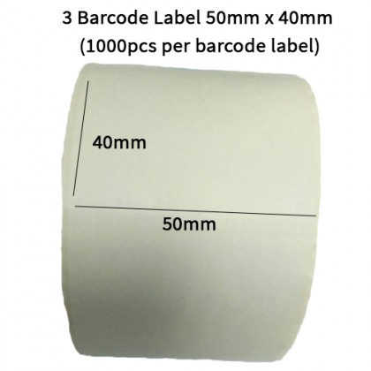 1 Roll Wax Barcode Ribbon 80mm x 300m + 3 Barcode Label 50mm x 40mm (1000pcs per barcode label) 1 Roll Wax Barcode Ribbon 80mm x 300m + 3 Barcode Label 50mm x 40mm (1000pcs per barcode label)