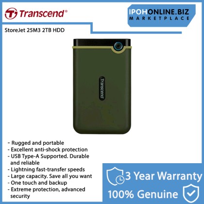 Transcend 2TB StoreJet 25M3 USB 3.1 Gen 1 Portable Hard Drive TS2TSJ25M3G - Military Green