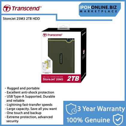 Transcend 2TB StoreJet 25M3 USB 3.1 Gen 1 Portable Hard Drive TS2TSJ25M3G - Military Green