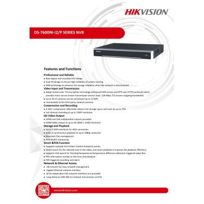 Hikvision DS-7608NI-I2/8P Up To 12MP 8 Channel 3840x2160P Embedded Plug & Play 4K NVR Hikvision DS-7608NI-I2/8P Up To 12MP 8 Channel 3840x2160P Embedded Plug & Play 4K NVR