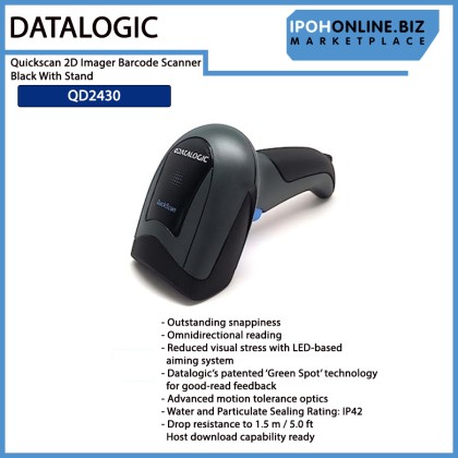 Datalogic QD2430 Quickscan 2D Imager Barcode Scanner Black With Stand and USB Cable 2M