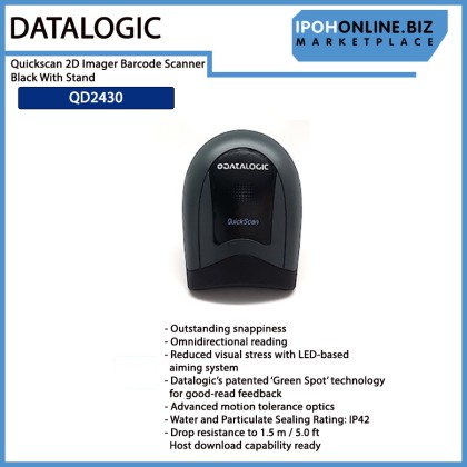 Datalogic QD2430 Quickscan 2D Imager Barcode Scanner Black With Stand and USB Cable 2M