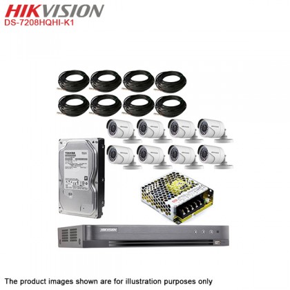 Hikvision DS-7208HQHI-K1 8 Channel Turbo HD DVR + Hikvision 1MP 720P Outdoor IR Bullet Camera DS-2CE16COT-IRP x 8 + 1TB Toshiba CCTV HDD + Mean Well Power Supply + 18 Meter RG59 BNC CCTV Cable with DC Jack x 8 Package Hikvision DS-7208HQHI-K1 8 Channel Turbo HD DVR + Hikvision 1MP 720P Outdoor IR Bullet Camera DS-2CE16COT-IRP x 8 + 1TB Toshiba CCTV HDD + Mean Well Power Supply + 18 Meter RG59 BNC CCTV Cable with DC Jack x 8 Package