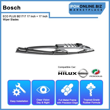Bosch ECO PLUS BE1717 17 Inch + 17 Inch Wiper Blades Toyota Hilux Pickup Kia Naza Besta Perodua Kancil New Quick-Clip Advanced Tropical Rubber Formula With Graphite Bosch ECO PLUS BE1717 17 Inch + 17 Inch Wiper Blades Toyota Hilux Pickup Kia Naza Besta Perodua Kancil New Quick-Clip Advanced Tropical Rubber Formula With Graphite