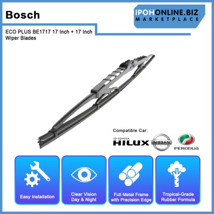Bosch ECO PLUS BE1717 17 Inch + 17 Inch Wiper Blades Toyota Hilux Pickup Kia Naza Besta Perodua Kancil New Quick-Clip Advanced Tropical Rubber Formula With Graphite Bosch ECO PLUS BE1717 17 Inch + 17 Inch Wiper Blades Toyota Hilux Pickup Kia Naza Besta Perodua Kancil New Quick-Clip Advanced Tropical Rubber Formula With Graphite
