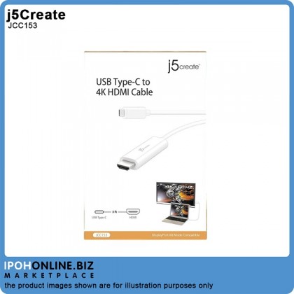 J5 Create JCC153 USB Type-C to 4K HDMI DisplayPort Alt Mode Compatible 1.5M Cable J5 Create JCC153 USB Type-C to 4K HDMI DisplayPort Alt Mode Compatible 1.5M Cable