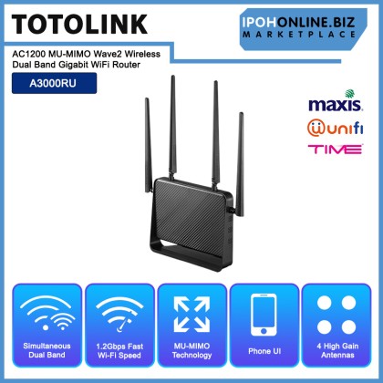 TOTOLINK A3000RU AC1200 MU-MIMO Wave2 Wireless Dual Band Gigabit WiFi Router - Unifi Time Maxis Fiber TOTOLINK A3000RU AC1200 MU-MIMO Wave2 Wireless Dual Band Gigabit WiFi Router - Unifi Time Maxis Fiber