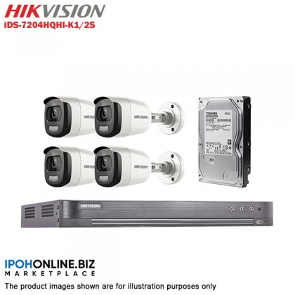 Hikvision ColorVu 1080p iDS-7204HQHI-K1/2S 4 Channel CCTV Turbo HD DVR + DS-2CE10DFT-F 2MP 1080P Full Time Color Bullet Outdoor Camera x 4 + 1TB Toshiba CCTV HDD