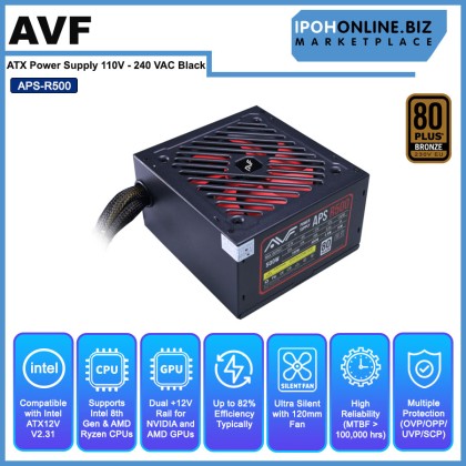 AVF APS-R500 80 Plus 500W PSU ATX Power Supply 110V - 240 VAC Black AVF APS-R500 80 Plus 500W PSU ATX Power Supply 110V - 240 VAC Black