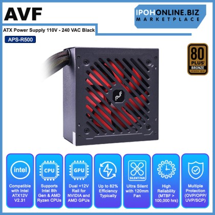 AVF APS-R500 80 Plus 500W PSU ATX Power Supply 110V - 240 VAC Black AVF APS-R500 80 Plus 500W PSU ATX Power Supply 110V - 240 VAC Black
