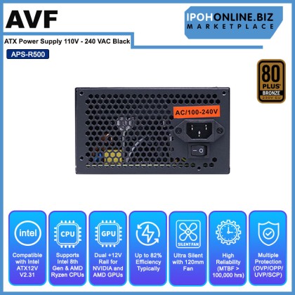 AVF APS-R500 80 Plus 500W PSU ATX Power Supply 110V - 240 VAC Black AVF APS-R500 80 Plus 500W PSU ATX Power Supply 110V - 240 VAC Black
