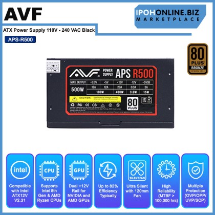 AVF APS-R500 80 Plus 500W PSU ATX Power Supply 110V - 240 VAC Black AVF APS-R500 80 Plus 500W PSU ATX Power Supply 110V - 240 VAC Black
