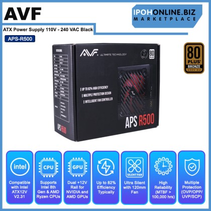 AVF APS-R500 80 Plus 500W PSU ATX Power Supply 110V - 240 VAC Black AVF APS-R500 80 Plus 500W PSU ATX Power Supply 110V - 240 VAC Black