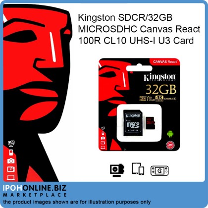 Kingston SDCR/32GB MICROSDHC Canvas React 100R CL10 UHS-I U3 Card Kingston SDCR/32GB MICROSDHC Canvas React 100R CL10 UHS-I U3 Card
