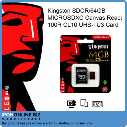 Kingston SDCR/64GB Microsdxc Canvas React 100R CL10 UHS-I U3 Card Kingston SDCR/64GB Microsdxc Canvas React 100R CL10 UHS-I U3 Card