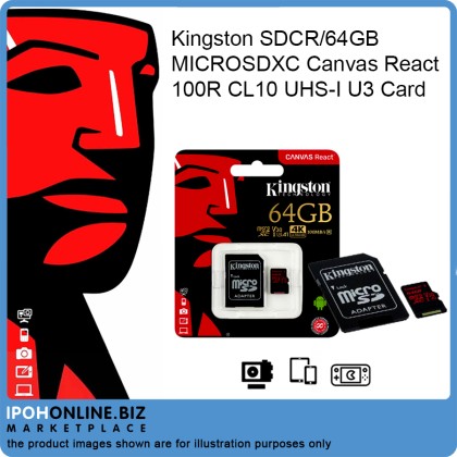 Kingston SDCR/64GB Microsdxc Canvas React 100R CL10 UHS-I U3 Card Kingston SDCR/64GB Microsdxc Canvas React 100R CL10 UHS-I U3 Card