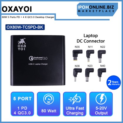 OXAYOI 80W 5 ports PD + 4 X Qualcomm 3.0 Ultra Fast Laptop Desktop Charger - Black OX80W-TC5PD-BK OXAYOI 80W 5 ports PD + 4 X Qualcomm 3.0 Ultra Fast Laptop Desktop Charger - Black OX80W-TC5PD-BK