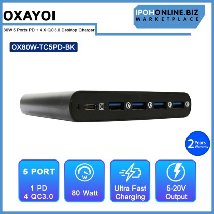 OXAYOI 80W 5 ports PD + 4 X Qualcomm 3.0 Ultra Fast Laptop Desktop Charger - Black OX80W-TC5PD-BK OXAYOI 80W 5 ports PD + 4 X Qualcomm 3.0 Ultra Fast Laptop Desktop Charger - Black OX80W-TC5PD-BK
