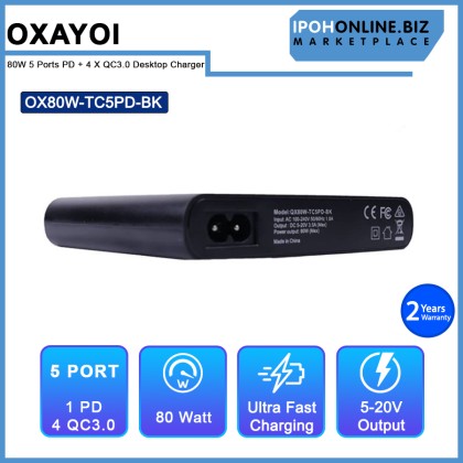 OXAYOI 80W 5 ports PD + 4 X Qualcomm 3.0 Ultra Fast Laptop Desktop Charger - Black OX80W-TC5PD-BK OXAYOI 80W 5 ports PD + 4 X Qualcomm 3.0 Ultra Fast Laptop Desktop Charger - Black OX80W-TC5PD-BK