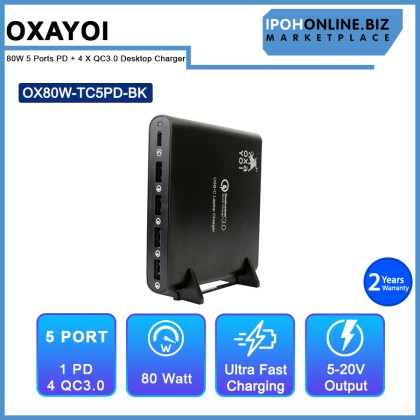 OXAYOI 80W 5 ports PD + 4 X Qualcomm 3.0 Ultra Fast Laptop Desktop Charger - Black OX80W-TC5PD-BK OXAYOI 80W 5 ports PD + 4 X Qualcomm 3.0 Ultra Fast Laptop Desktop Charger - Black OX80W-TC5PD-BK