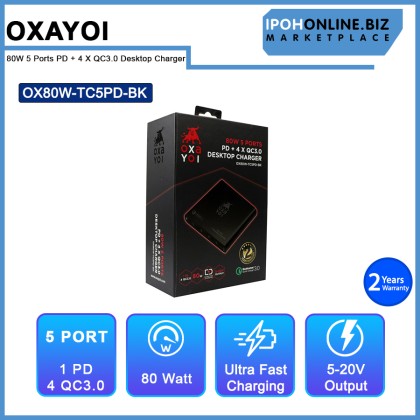 OXAYOI 80W 5 ports PD + 4 X Qualcomm 3.0 Ultra Fast Laptop Desktop Charger - Black OX80W-TC5PD-BK OXAYOI 80W 5 ports PD + 4 X Qualcomm 3.0 Ultra Fast Laptop Desktop Charger - Black OX80W-TC5PD-BK