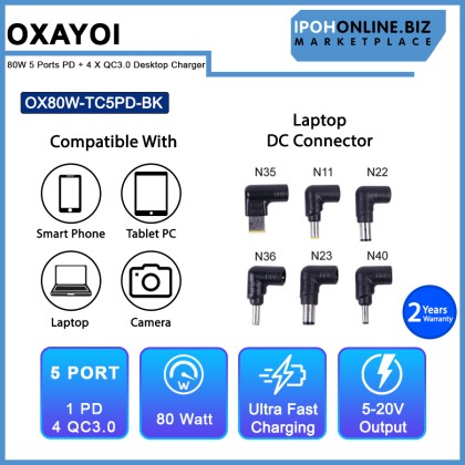 OXAYOI 80W 5 ports PD + 4 X Qualcomm 3.0 Ultra Fast Laptop Desktop Charger - Black OX80W-TC5PD-BK OXAYOI 80W 5 ports PD + 4 X Qualcomm 3.0 Ultra Fast Laptop Desktop Charger - Black OX80W-TC5PD-BK