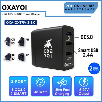 OXAYOI 45W 3 ports Qualcomm 3.0 + 2 X Smart USB Travel Charger - Black OXTRV-3-BK OXAYOI 45W 3 ports Qualcomm 3.0 + 2 X Smart USB Travel Charger - Black OXTRV-3-BK