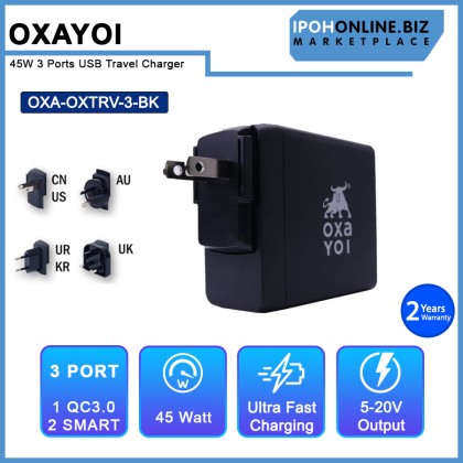 OXAYOI 45W 3 ports Qualcomm 3.0 + 2 X Smart USB Travel Charger - Black OXTRV-3-BK OXAYOI 45W 3 ports Qualcomm 3.0 + 2 X Smart USB Travel Charger - Black OXTRV-3-BK