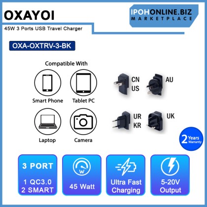 OXAYOI 45W 3 ports Qualcomm 3.0 + 2 X Smart USB Travel Charger - Black OXTRV-3-BK OXAYOI 45W 3 ports Qualcomm 3.0 + 2 X Smart USB Travel Charger - Black OXTRV-3-BK