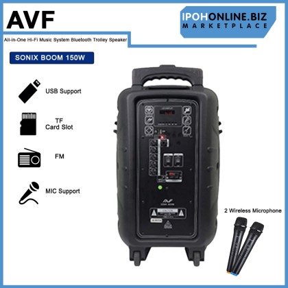 AVF Sonix Boom 150W All-in-One Hi-Fi Music System Bluetooth Trolley Speaker with Two Microphones