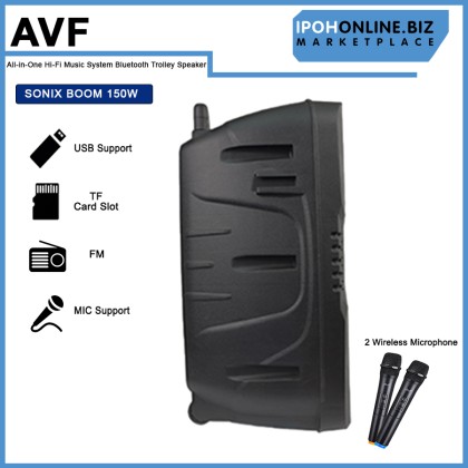 AVF Sonix Boom 150W All-in-One Hi-Fi Music System Bluetooth Trolley Speaker with Two Microphones