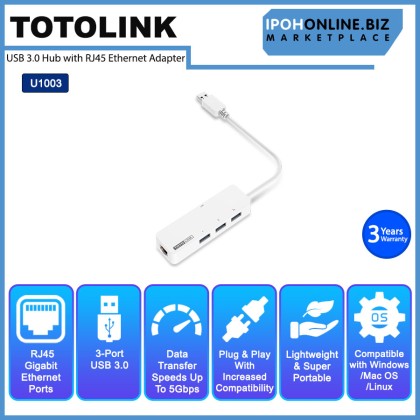 TOTOLINK U1003 3-Port USB 3.0 Hub With RJ45 Gigabit Ethernet Adapter TOTOLINK U1003 3-Port USB 3.0 Hub With RJ45 Gigabit Ethernet Adapter
