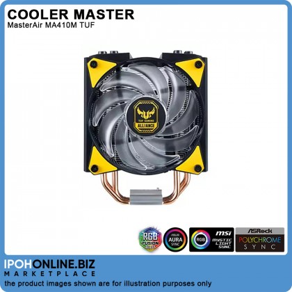 Cooler Master MasterAir MA410M TUF Gaming Edition RGB Lighting Dual MF120R Air Balance Fan CPU Cooler - Intel 115X AMD AM4 Cooler Master MasterAir MA410M TUF Gaming Edition RGB Lighting Dual MF120R Air Balance Fan CPU Cooler - Intel 115X AMD AM4