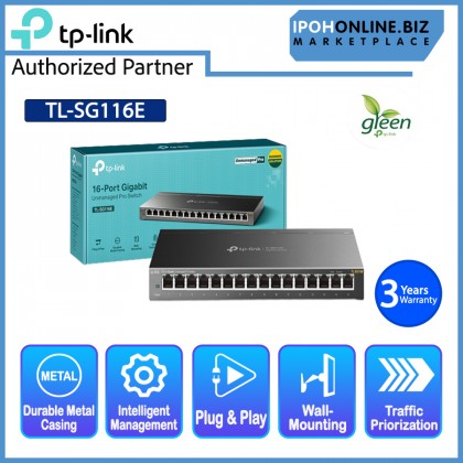 TP-Link TL-SG116E 16 Port Gigabit Unmanaged Pro Easy Smart Switch - Green Quiet Slim Metal Casing