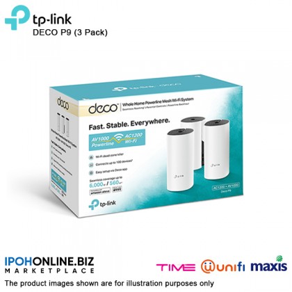 TP-LINK DECO P9 3-Pack AC1200 Smart + HomePlug AV1000 Whole Home Powerline Mesh Wi-Fi System Gigabit Router Unifi Time Maxis TP-LINK DECO P9 3-Pack AC1200 Smart + HomePlug AV1000 Whole Home Powerline Mesh Wi-Fi System Gigabit Router Unifi Time Maxis