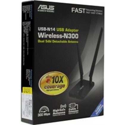 ASUS USB-N14 Wireless-N300 USB Adapter with High-gain Dual 5ddbi Detachable Antenna ASUS USB-N14 Wireless-N300 USB Adapter with High-gain Dual 5ddbi Detachable Antenna