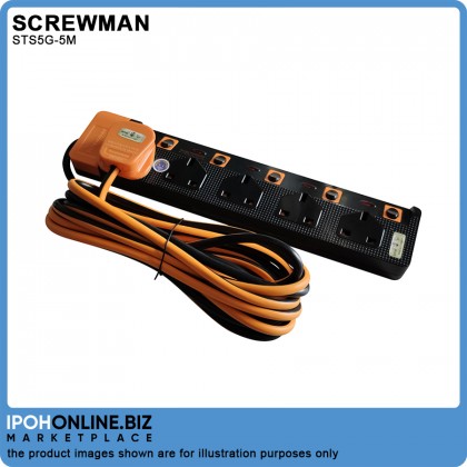 Screwman WBC 5 Way Trailing Socket Outlet Extension Cord - 5 Meter