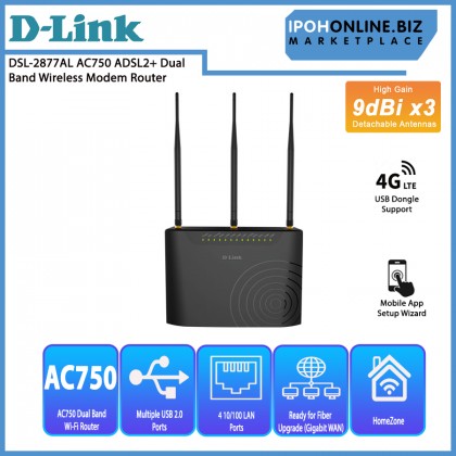 D-Link DSL-2877AL AC750 High Gain 9dBI x3 Detachable Antennas ADSL2+ Dual Band Wireless Modem Router Ready For Fiber Upgrade D-Link DSL-2877AL AC750 High Gain 9dBI x3 Detachable Antennas ADSL2+ Dual Band Wireless Modem Router Ready For Fiber Upgrade