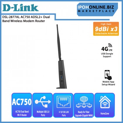 D-Link DSL-2877AL AC750 High Gain 9dBI x3 Detachable Antennas ADSL2+ Dual Band Wireless Modem Router Ready For Fiber Upgrade D-Link DSL-2877AL AC750 High Gain 9dBI x3 Detachable Antennas ADSL2+ Dual Band Wireless Modem Router Ready For Fiber Upgrade