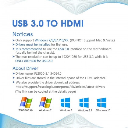 USB 3.0/2.0 to HDMI Multiple Monitors Cable Compatible with Windows XP 7/8/ 8.1/10 for PC Laptop Projector HDTV(Not Support Mac, Linux, Vista) USB 3.0/2.0 to HDMI Multiple Monitors Cable Compatible with Windows XP 7/8/ 8.1/10 for PC Laptop Projector HDTV(Not Support Mac, Linux, Vista)
