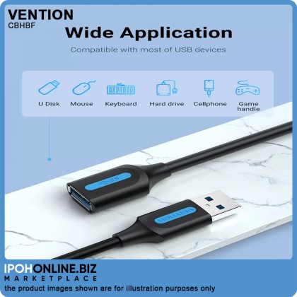 VENTION USB 3.0 A Male to A Female Extension Cable 1 Meter (Black) PVC type