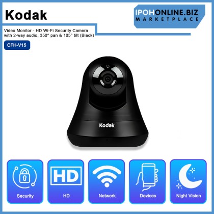 Kodak Video Monitor - HD Wi-Fi Security Camera with 2-way audio, 350° pan & 105° tilt (Black) - CFH-V15 Kodak Video Monitor - HD Wi-Fi Security Camera with 2-way audio, 350° pan & 105° tilt (Black) - CFH-V15