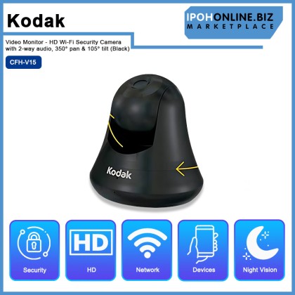 Kodak Video Monitor - HD Wi-Fi Security Camera with 2-way audio, 350° pan & 105° tilt (Black) - CFH-V15 Kodak Video Monitor - HD Wi-Fi Security Camera with 2-way audio, 350° pan & 105° tilt (Black) - CFH-V15