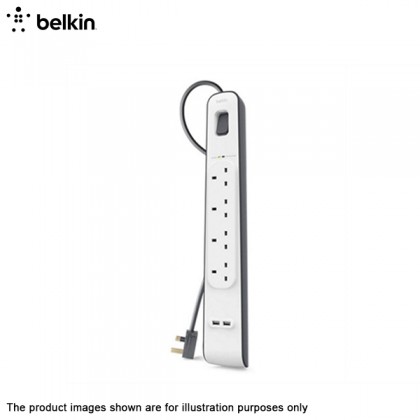 BELKIN 2M 4-outlet Surge Protection Strip WITH 2PORT 2.4A USB PORT CHARGING BSV401sa2M