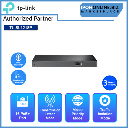 TP-Link TL-SL1218P 16 Port 10/100 Mbps + 2 Port Gigabit Rackmount Surveillance Network Switch with 16 Port PoE+ - Transmission up to 250m & Priority Video Quality Guaranteed TP-Link TL-SL1218P 16 Port 10/100 Mbps + 2 Port Gigabit Rackmount Surveillance Network Switch with 16 Port PoE+ - Transmission up to 250m & Priority Video Quality Guaranteed