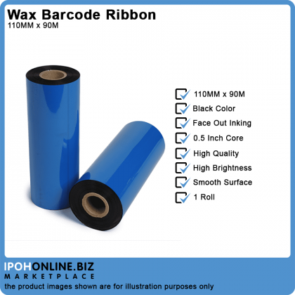 1 Roll 110mm x 90m Wax Barcode Ribbon For Barcode Printer (FACE OUT) 1 Roll 110mm x 90m Wax Barcode Ribbon For Barcode Printer (FACE OUT)
